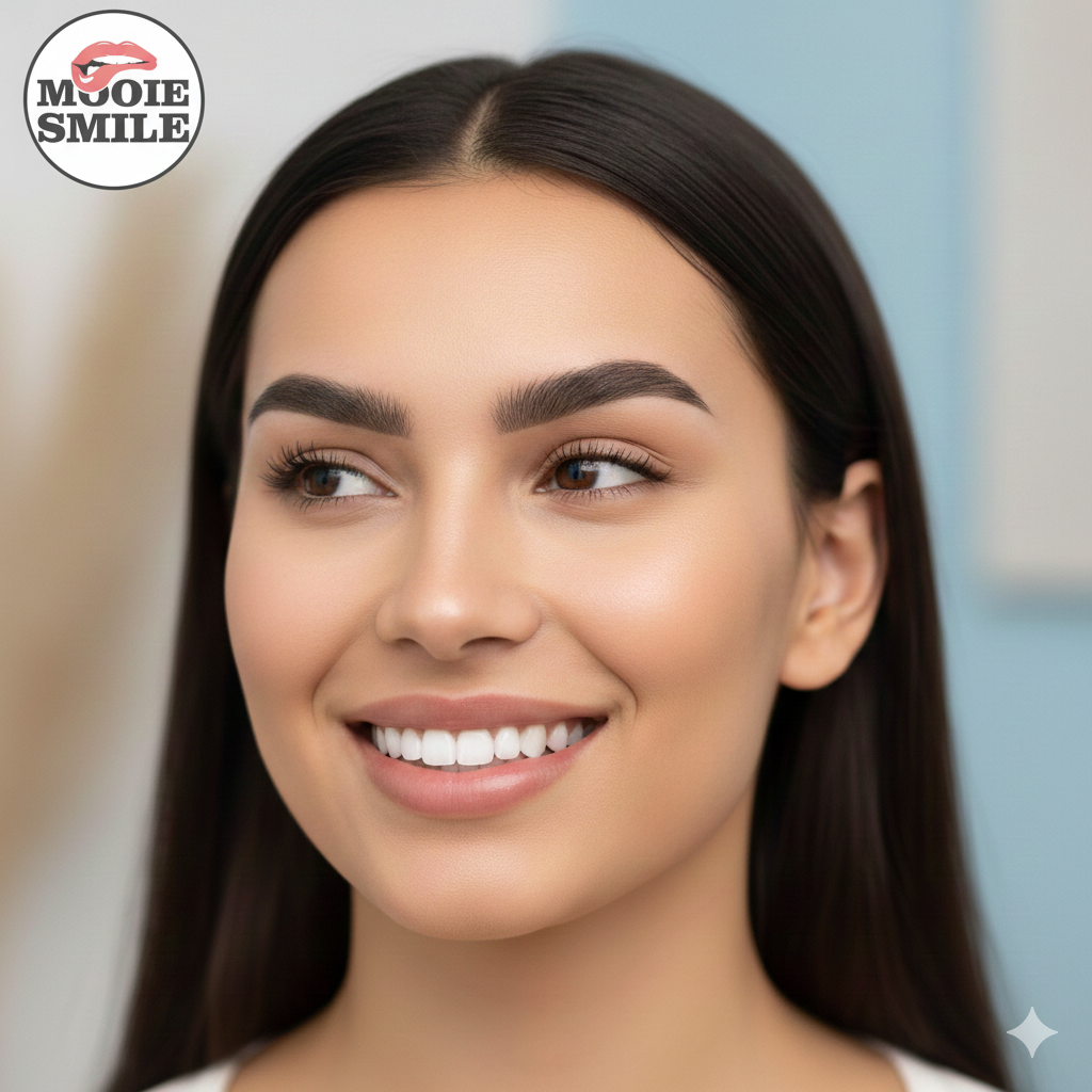 Vrouw met stralende lach en perfect gevormde wenkbrauwen. Het resultaat van Mooie Smile Kliniek staat voor zelfvertrouwen.