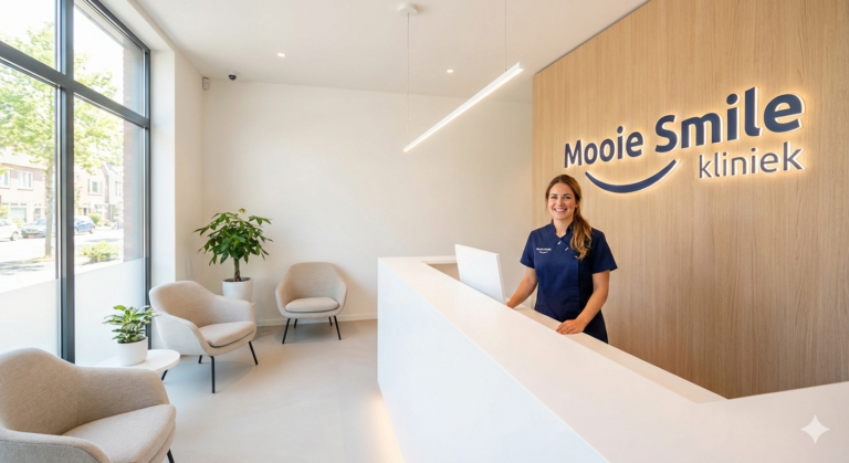 Moderne receptie en servicebalie van Mooie Smile Kliniek in Zoetermeer.